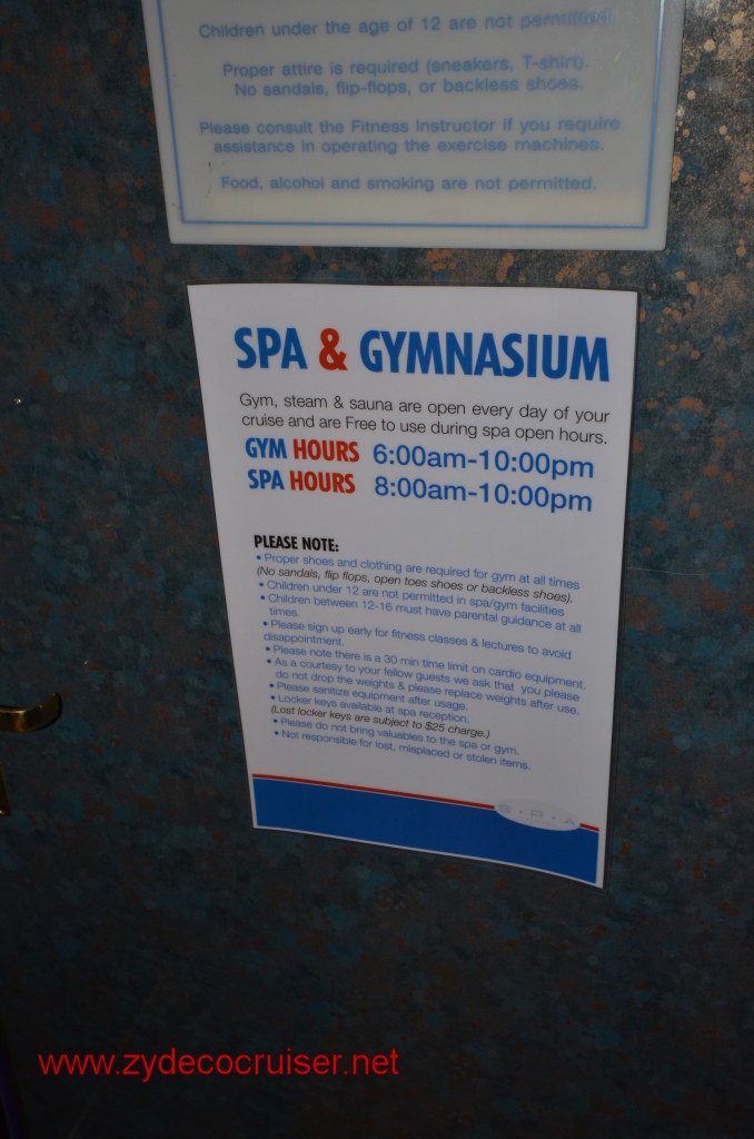128: Carnival Conquest, Nov 19, 2011, Sea Day 3, Spa and Gymnasium Hours