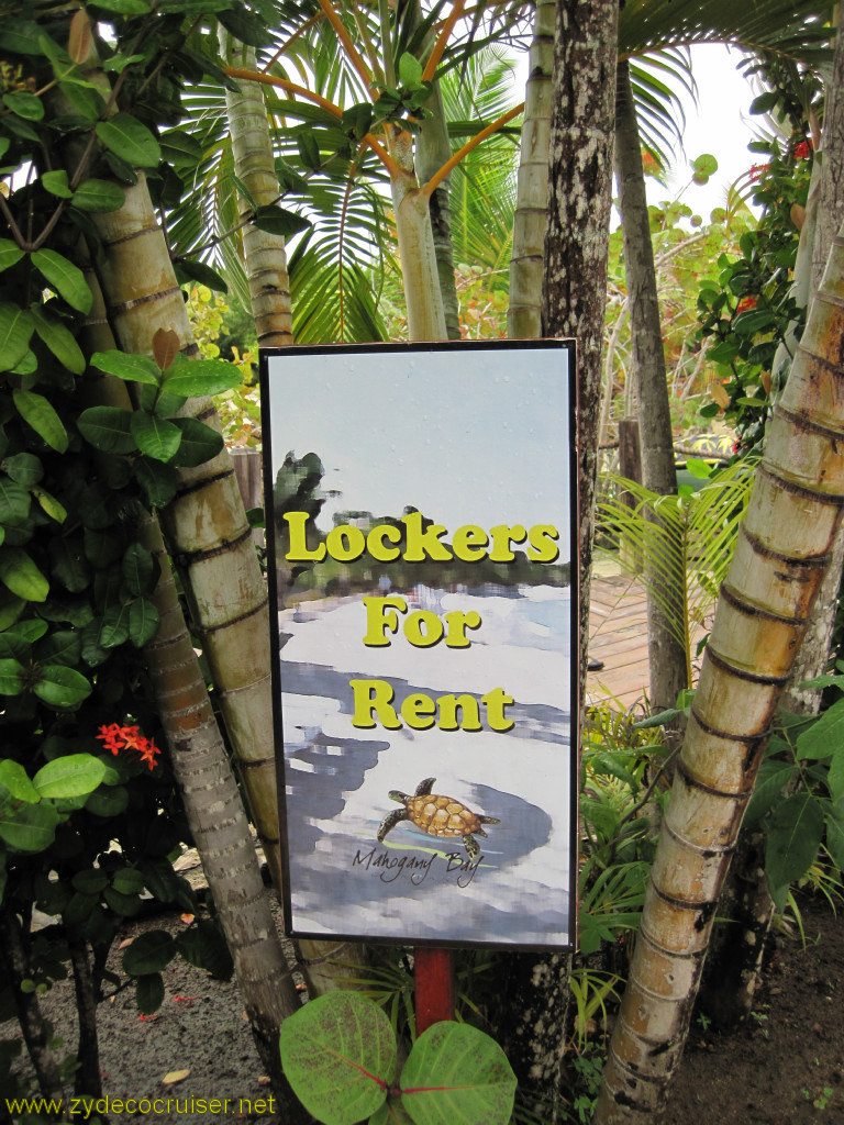 044: Carnival Conquest, Roatan, Mahogany Beach, I saw the sign for lockers but didn't see the lockers. Pretty sure they were nearby.