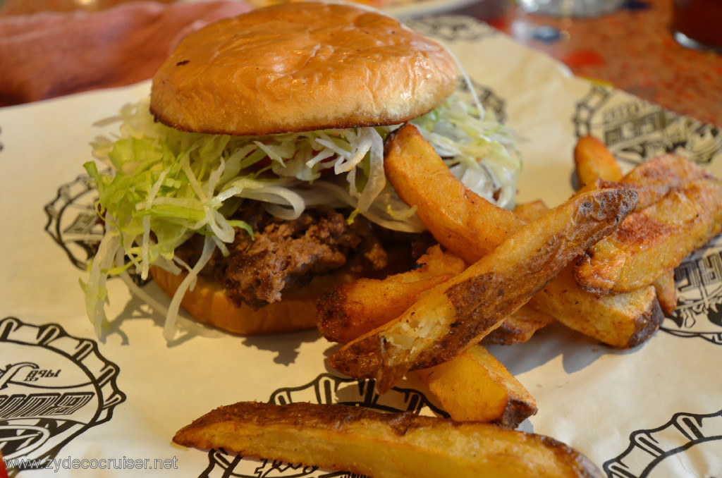 190: Carnival Conquest, Belize, A Guy's Burger Joint burger and fries. Maybe a cheeseless Plain Jain?