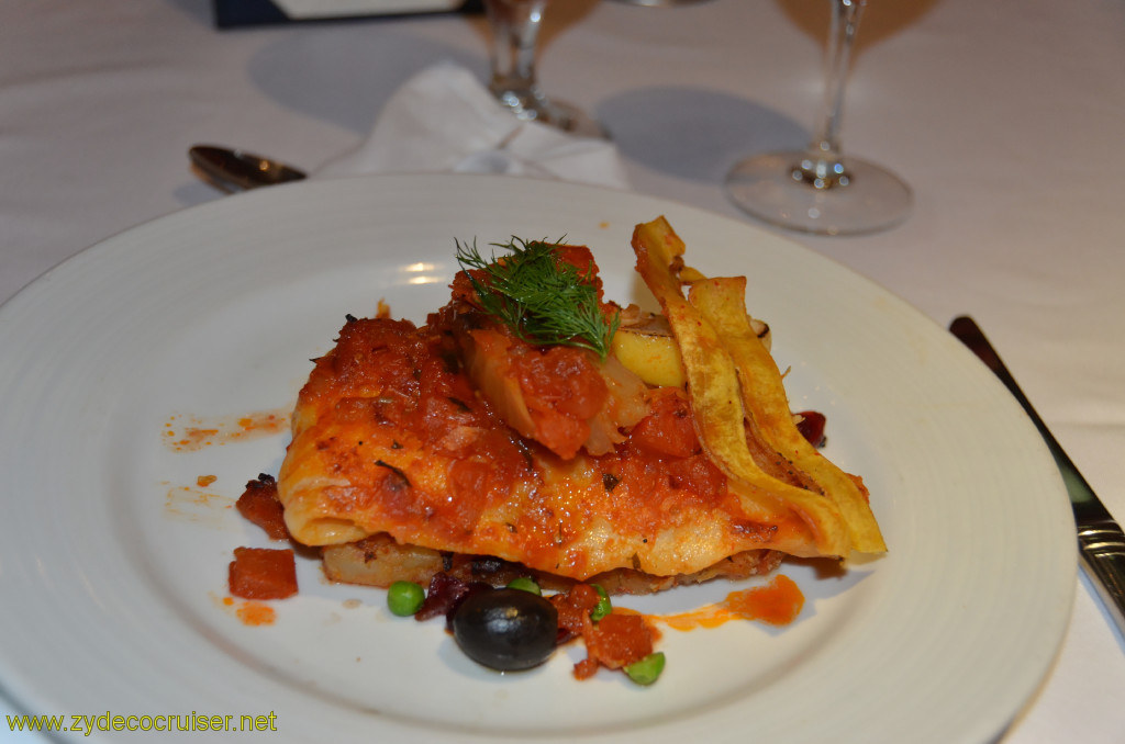 207: Carnival Conquest, Belize, MDR dinner, Martini Braised Basa Filet with Tomato, Chili, and Fennel, 
