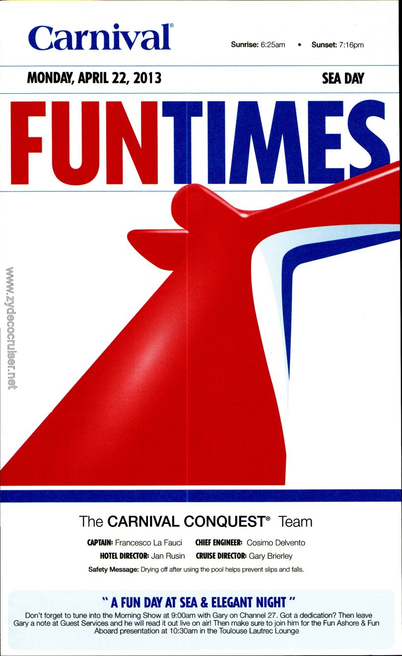 Carnival Conquest Fun Times, April 22, 2013, page 1