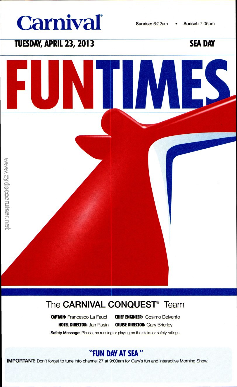 Carnival Conquest Fun Times, April 23, 2013, page 1