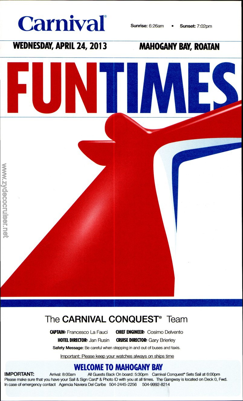 Carnival Conquest Fun Times, April 24, 2013, page 1