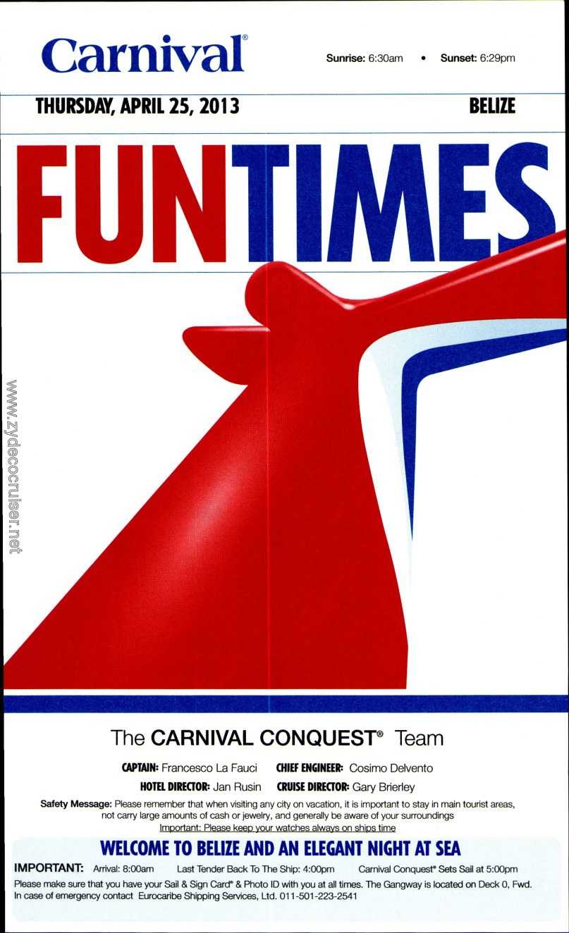Carnival Conquest Fun Times, April 25, 2013, page 1