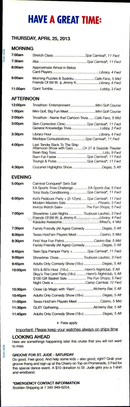 Carnival Conquest Fun Times, April 25, 2013, page 5