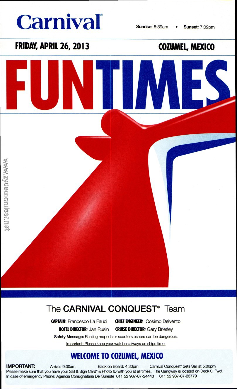 Carnival Conquest Fun Times, April 26, 2013, page 1