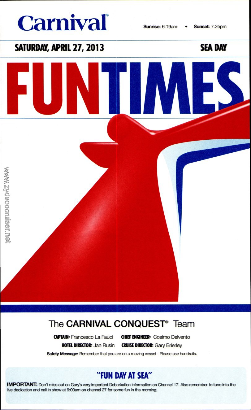 Carnival Conquest Fun Times, April 27, 2013, page 1