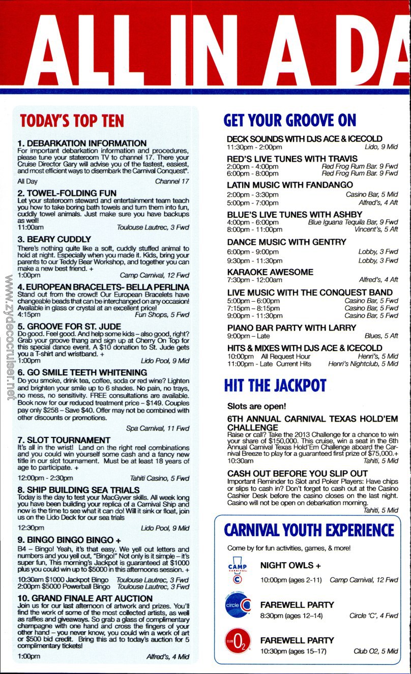 Carnival Conquest Fun Times, April 27, 2013, page 2