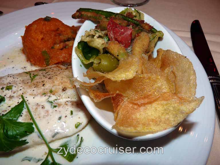 6323: Carnival Dream, Monte Carlo, Monaco - Pan Fried Filet of Red Snapper, potato chips, olives, green beans, etc.