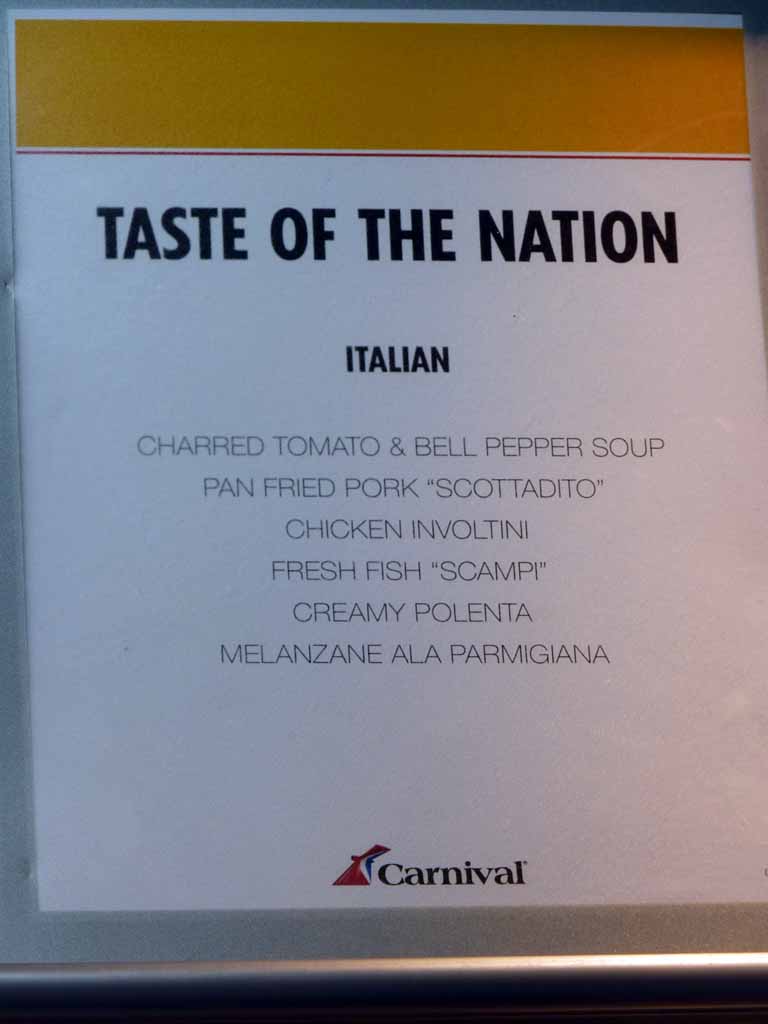 Carnival Dream Taste of the Nation - Italian menu