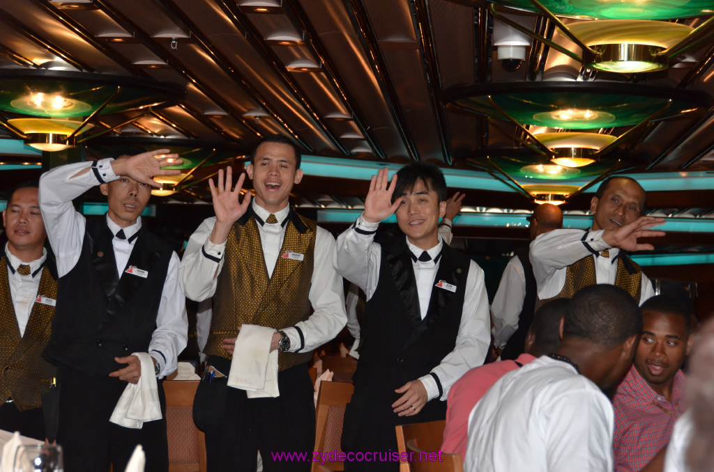 041: Carnival Elation Cruise, Fun Day at Sea 2, MDR Dinner, Our excellent wait staff, Leaving the Fun Ship, 