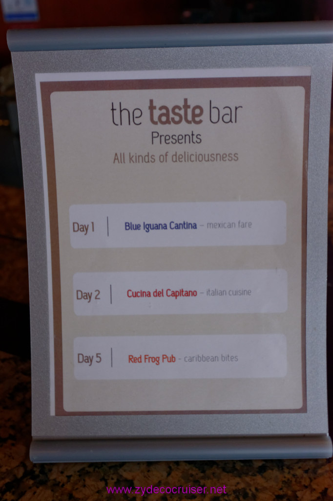 The Taste Bar menu for the cruise: