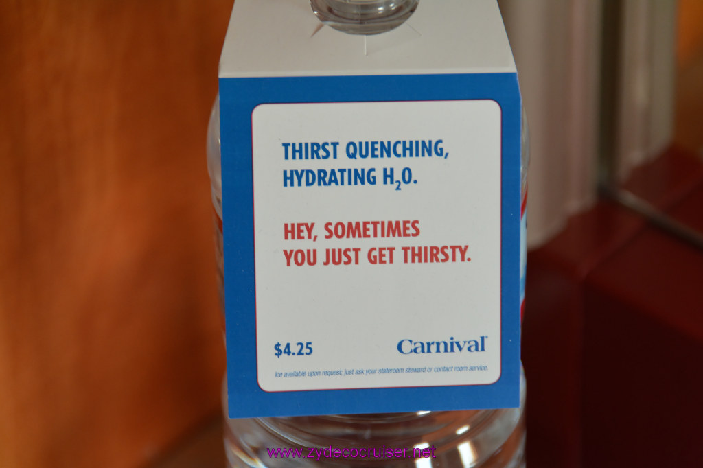 008: Carnival Inspiration 4 Day Cruise, Long Beach, Embarkation, Stateroom, Price of large bottle of water on Carnival and 15% gratuity is added