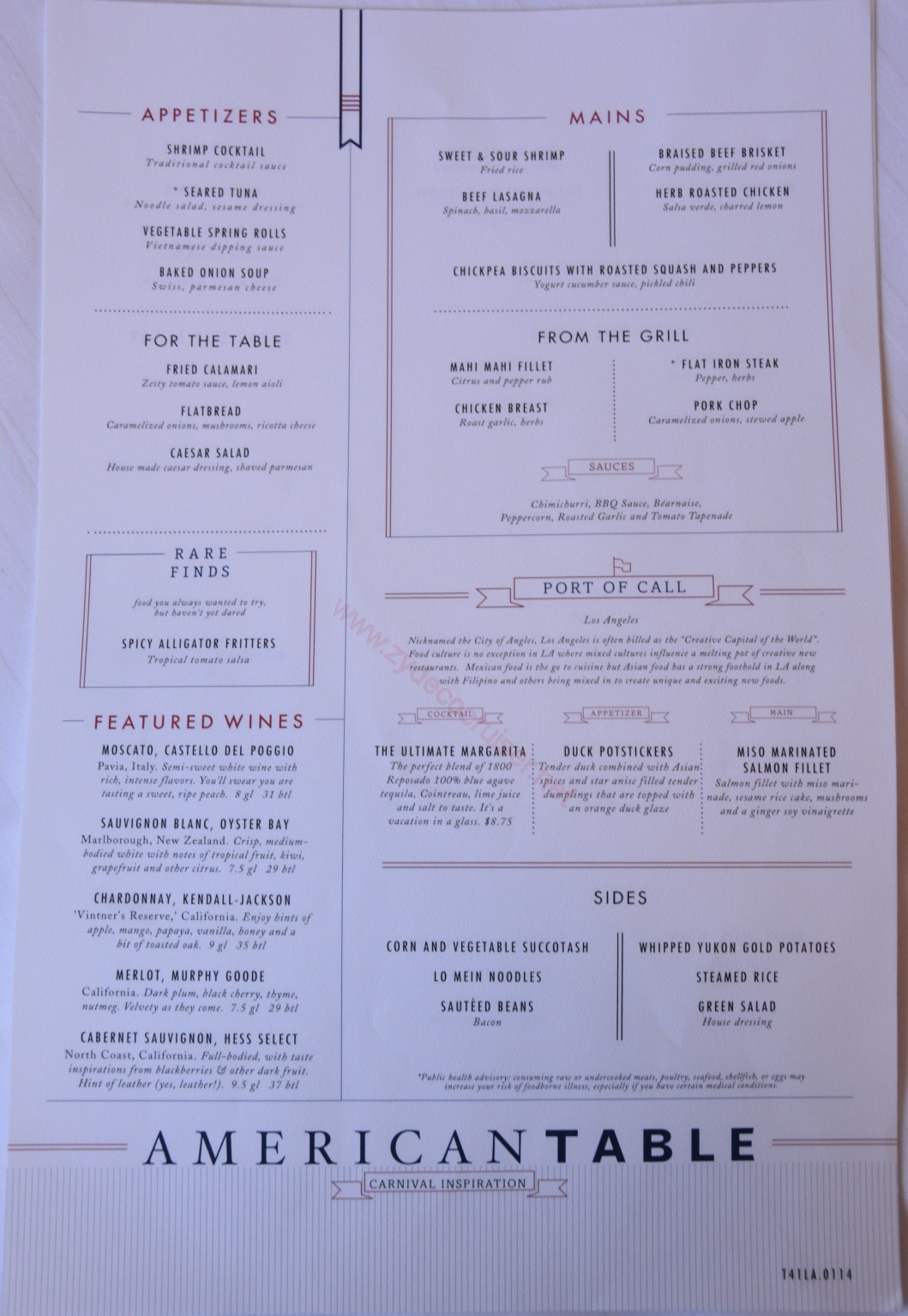 Carnival Inspiration, 3 Day American Table Menus, Day 1, Los Angeles