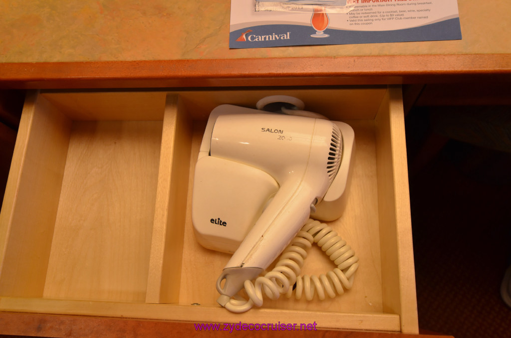 013: Carnival Legend British Isles Cruise, Dover, Embarkation, Hair Dryer in Desk Drawer
