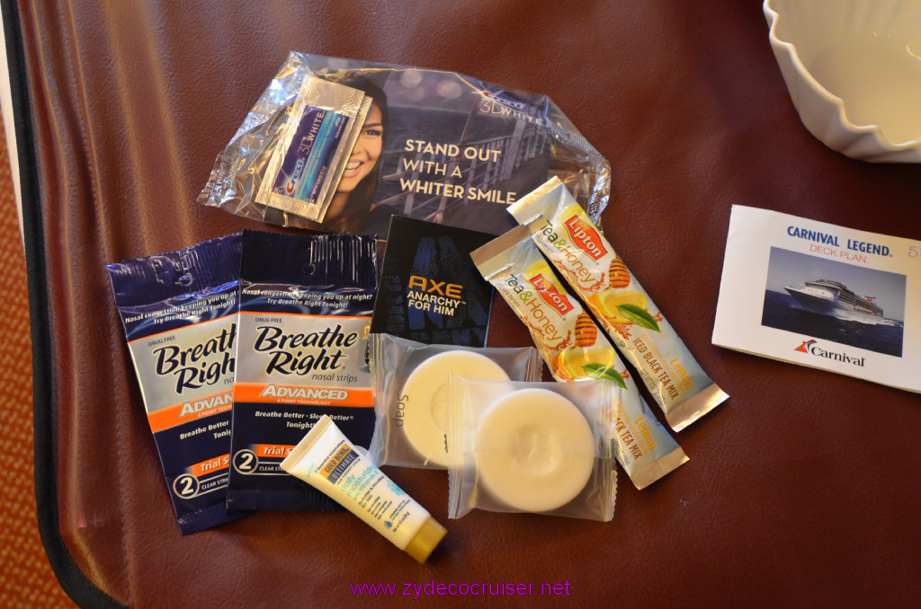 030: Carnival Legend British Isles Cruise, Dover, Embarkation, What was in the amenities basket, 