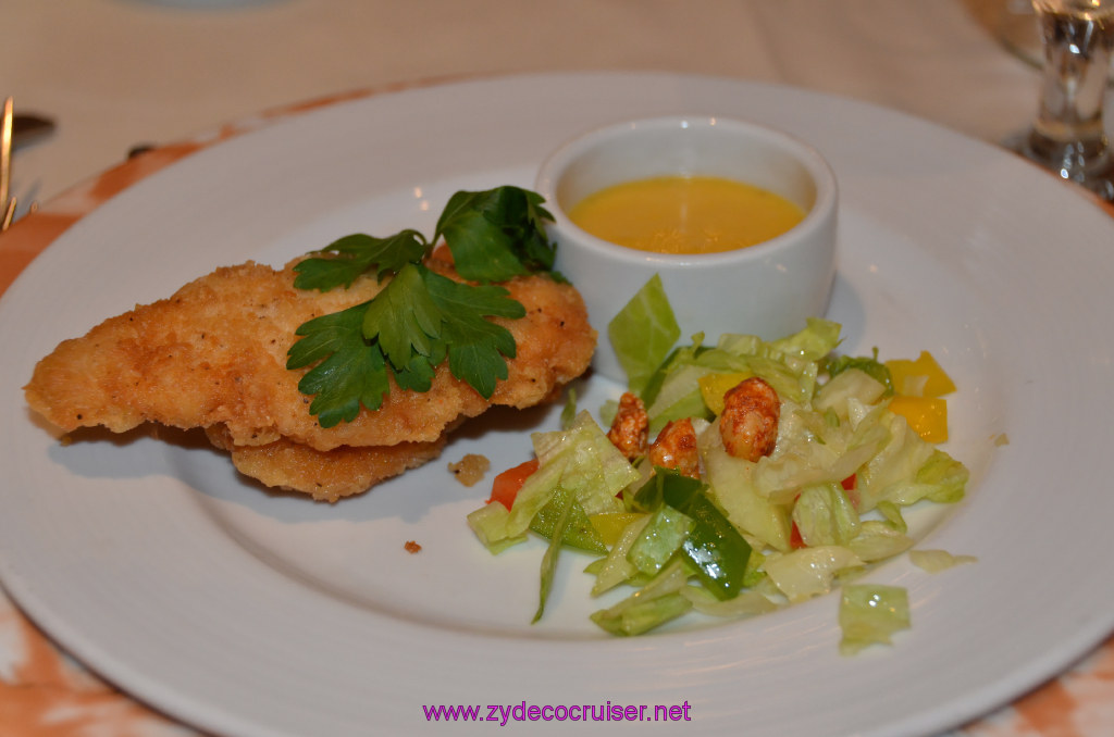 190: Carnival Legend British Isles Cruise, Dover, Embarkation, MDR Dinner, Fried Chicken Tenders, Marinated Cucumber and Lettuce