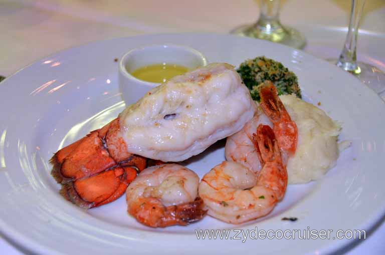 132: Carnival Magic, Inaugural Cruise, Sea Day 2, Dinner, Duet of Broiled Maine Lobster Tail and Jumbo Black Tiger Shrimp