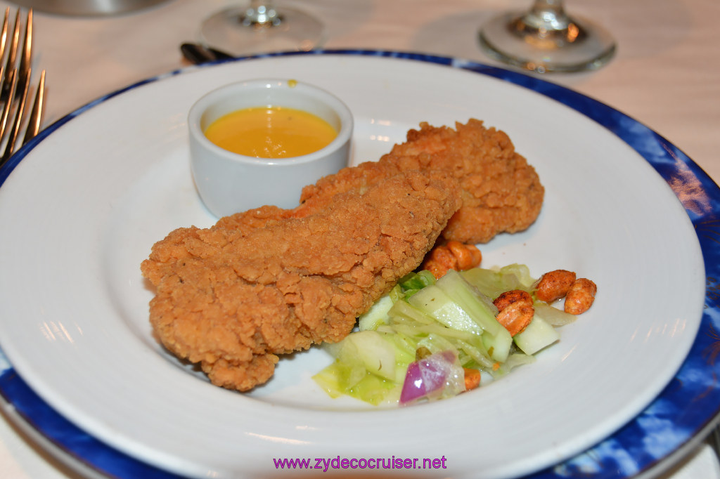 155: Carnival Miracle Alaska Cruise, Seattle, Embarkation, MDR Dinner, Fried Chicken Tenders, Marinated Cucumbers and Lettuce, 