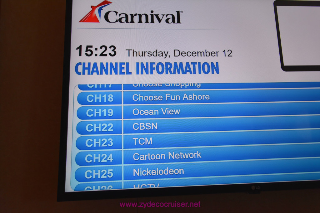 033: Carnival Panorama Inaugural Cruise, Sea Day,  Cabin TV Channels