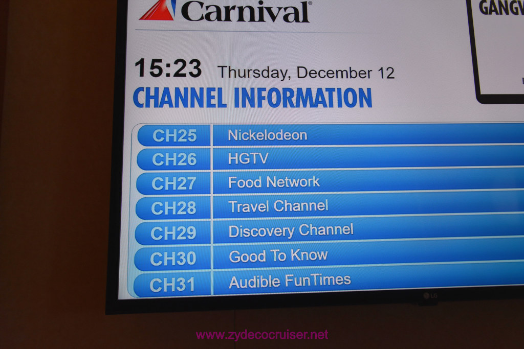034: Carnival Panorama Inaugural Cruise, Sea Day,  Cabin TV Channels