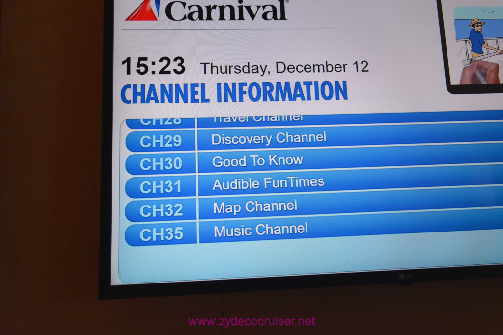 035: Carnival Panorama Inaugural Cruise, Sea Day,  Cabin TV Channels