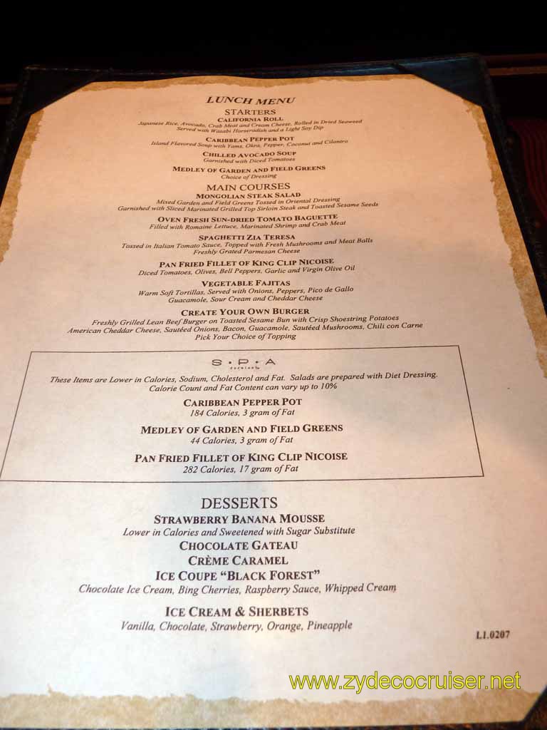 596: Carnival Sensation - Lunch Menu - only one sea day