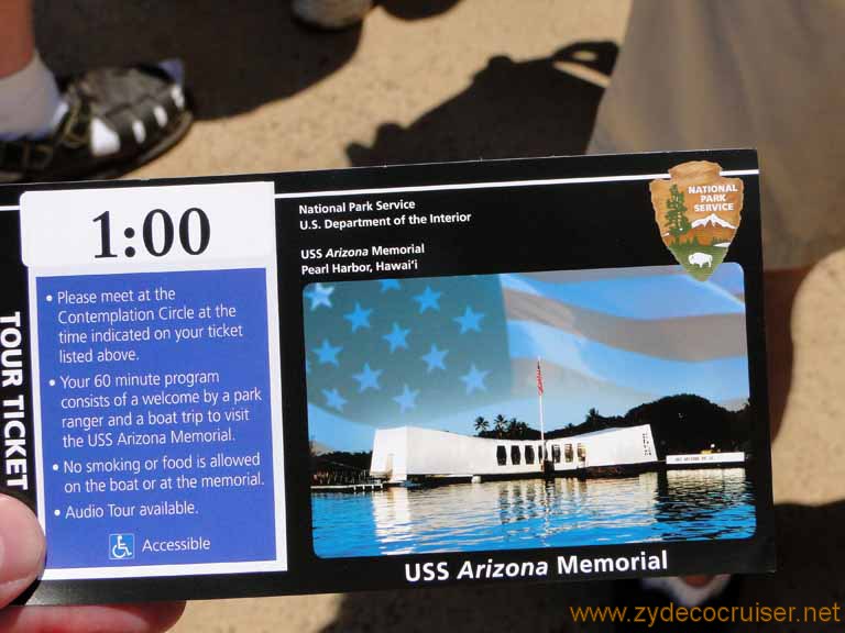 519: Carnival Spirit, Honolulu, Hawaii, Pearl Harbor VIP and Military Bases Tour, Ticket for the USS Arizona Memorial, Pearl Harbor