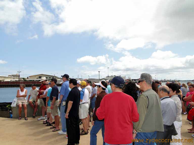 601: Carnival Spirit, Honolulu, Hawaii, Pearl Harbor VIP and Military Bases Tour, Pearl Harbor, People waiting for the next Arizona Memorial shuttle boat.