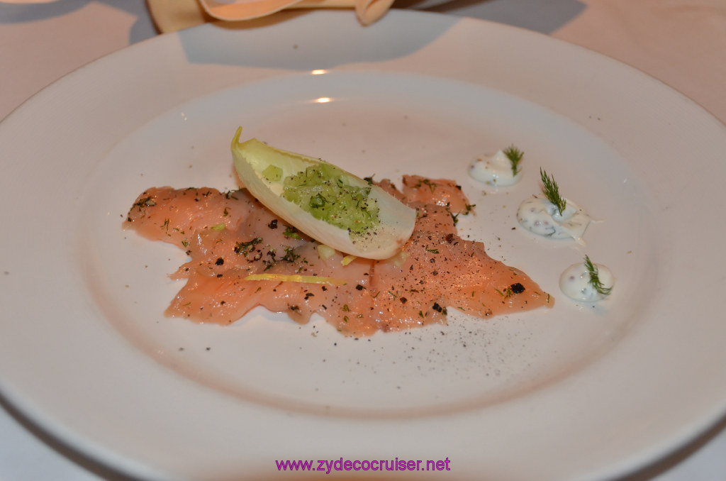 021: Golden Princess Coastal Cruise, MDR Dinner, Gin-Soused Gravad Lax with Dill-Mustard Sauce, 