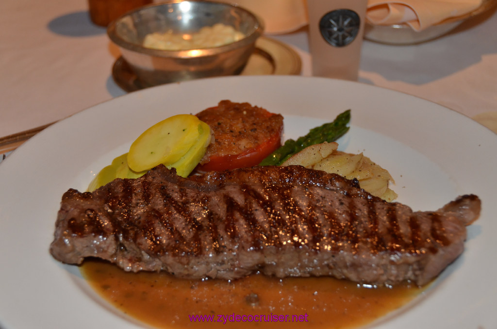 051: Golden Princess Coastal Cruise, MDR Dinner, Grilled New York Cut Strip Steak with Green Peppercorn Sauce, 