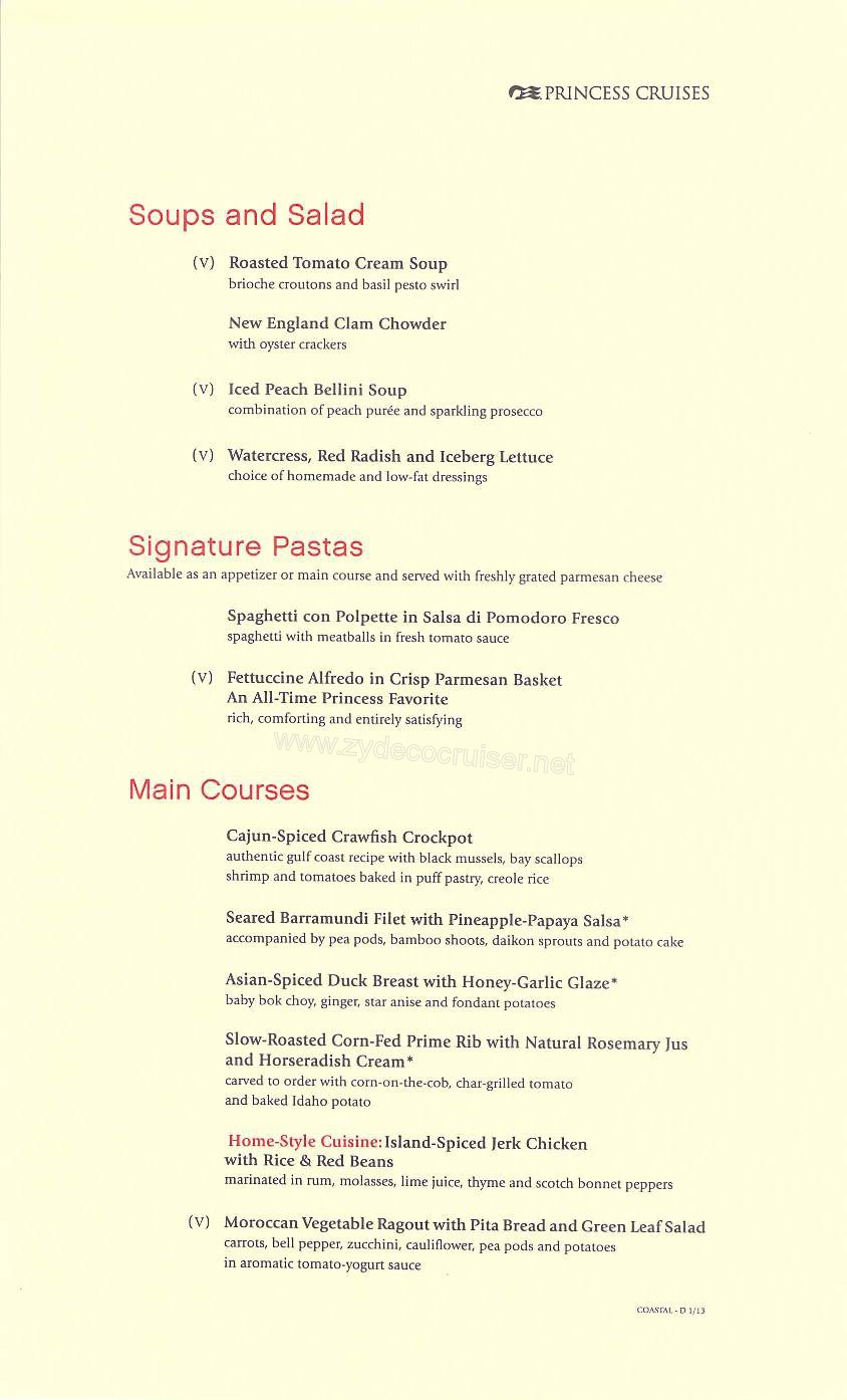 002: Golden Princess Coastal Cruise, MDR Dinner, Dinner Menu 1, Page 2
