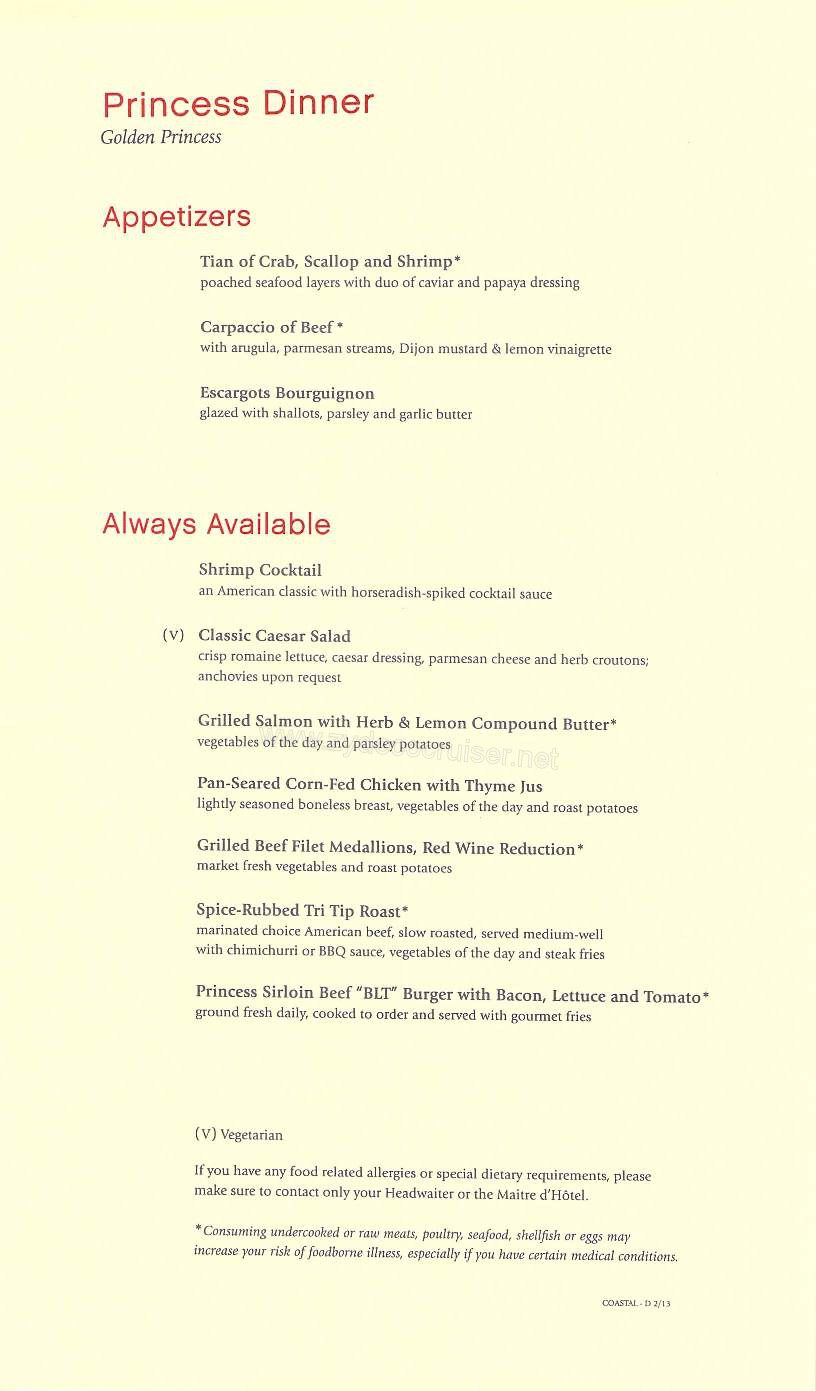 041: Golden Princess Coastal Cruise, MDR Dinner, Dinner Menu 4, Page 1