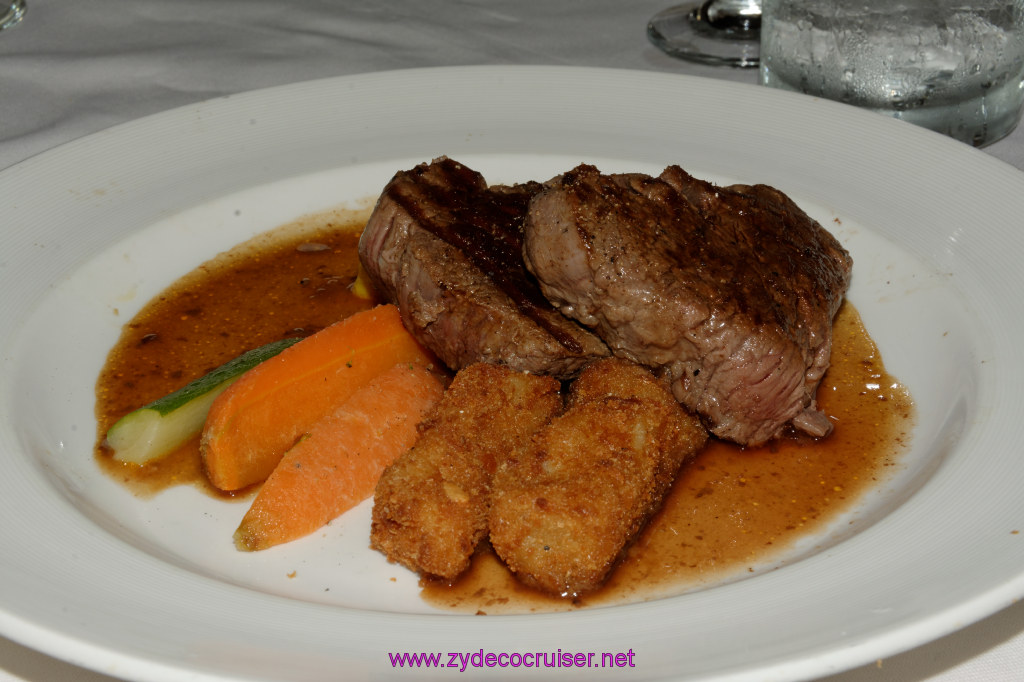 026: Emerald Princess Cruise, MDR Dinner, Grilled Medallions of Beef Tenderloin with Madeira-Truffle Demi-Glace, 