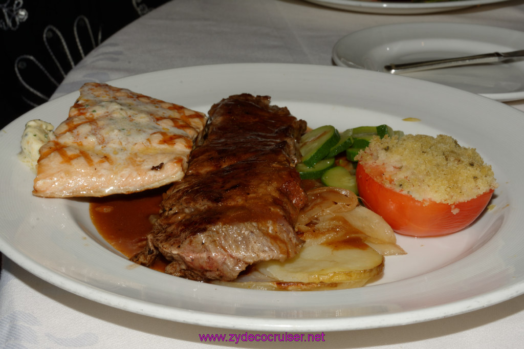 092: Emerald Princess Cruise, MDR Dinner, Combo Grilled Salmon with Herb & Lemon Compound Butter / Grilled New York Cut Strip Steak with Green Peppercorn Sauce, 