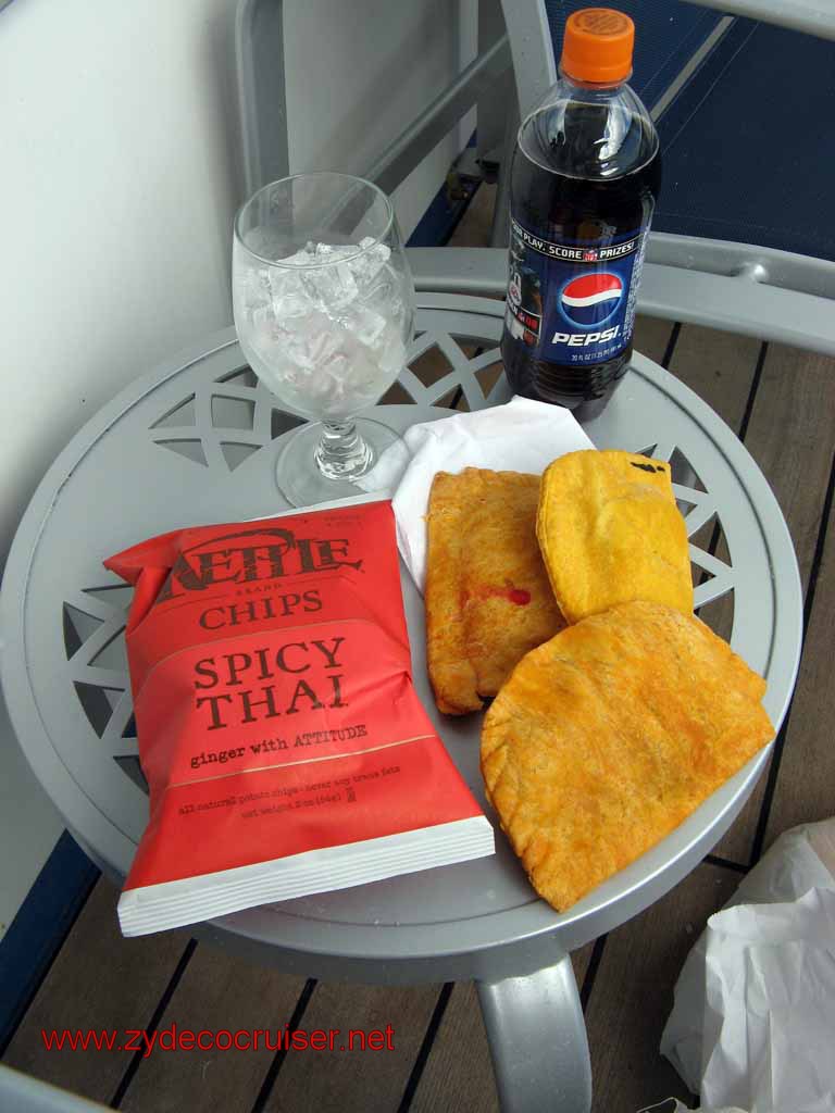 198: Carnival Conquest - Grand Cayman - snack - Jamaica Patties, chips, soda
