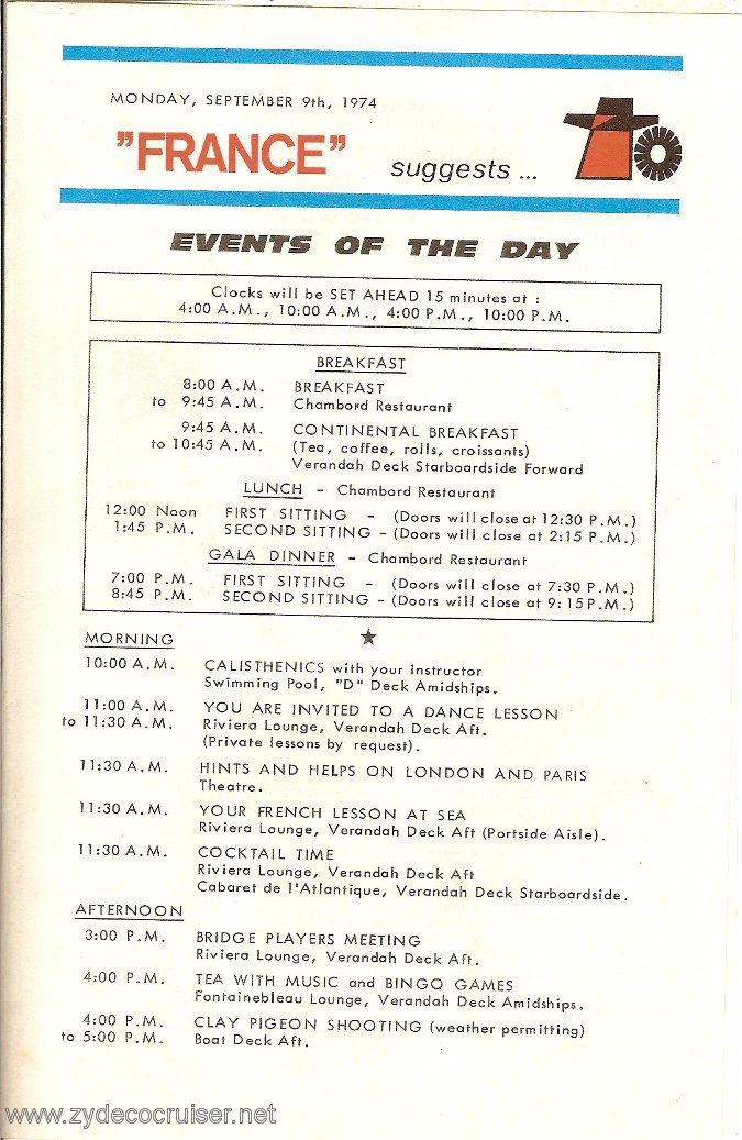 SS France, French Line, Events of the Day Program, September 9th,1974, pg 1