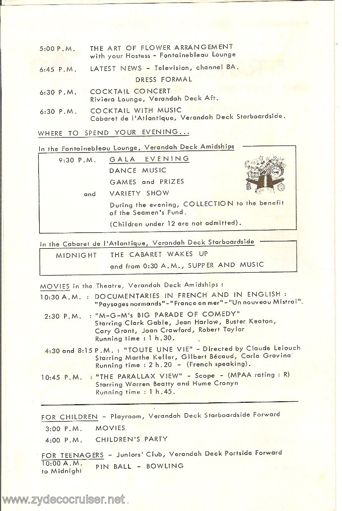 SS France, French Line, Events of the Day Program, September 9th,1974, pg 2