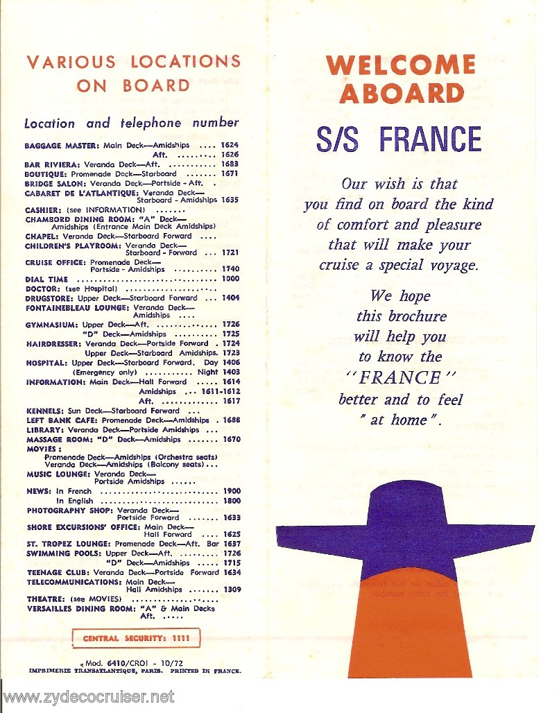 SS France, French Line, Welcome Aboard Brochure, pg 1, 1974