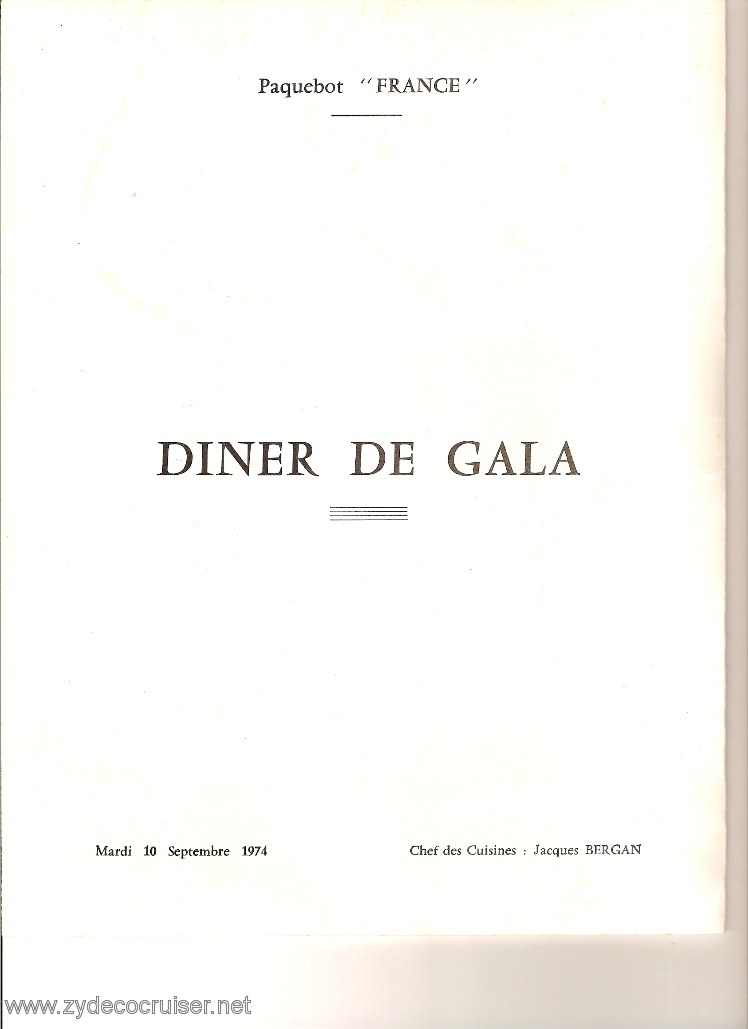 SS France, French Line, Gala Dinner Menu, Pg 2, September 10, 1974