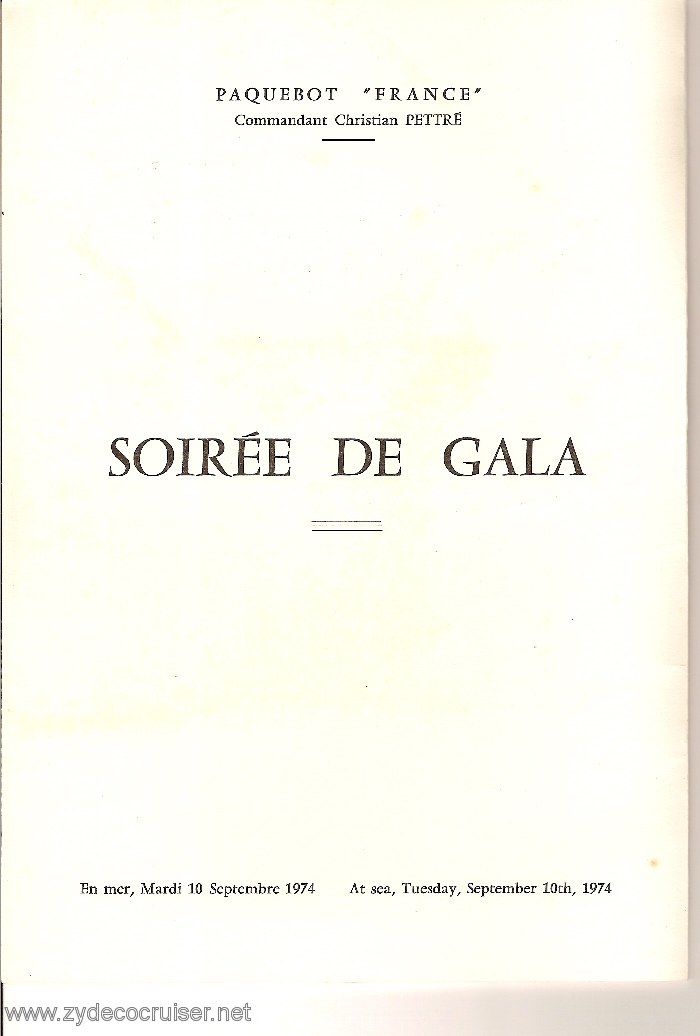 SS France, French Line, Program, Gala Soiree, Pg 2, September 10, 1974