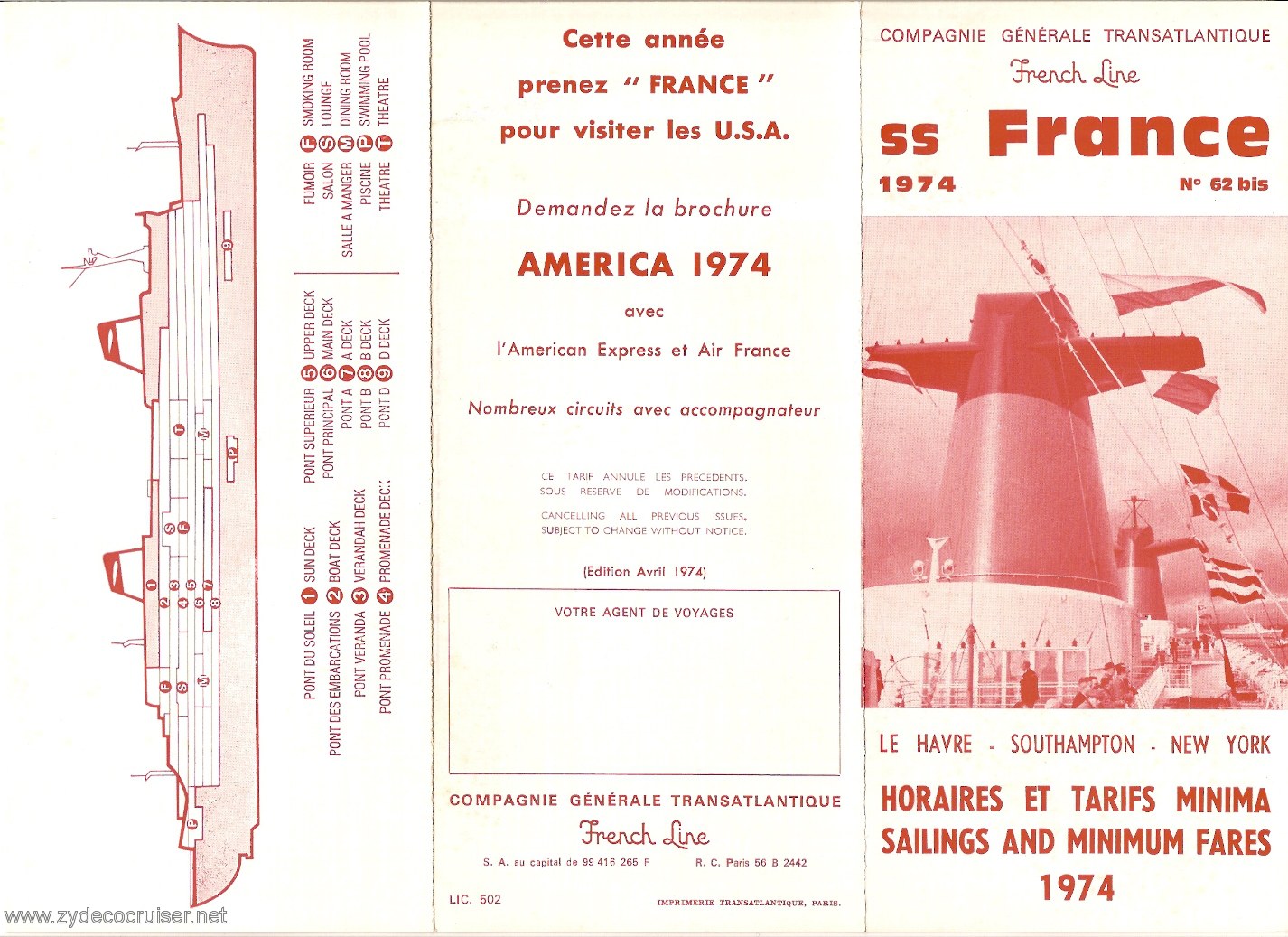 SS France, French Line, Sailings and Minimum Fares, Side 1, 1974