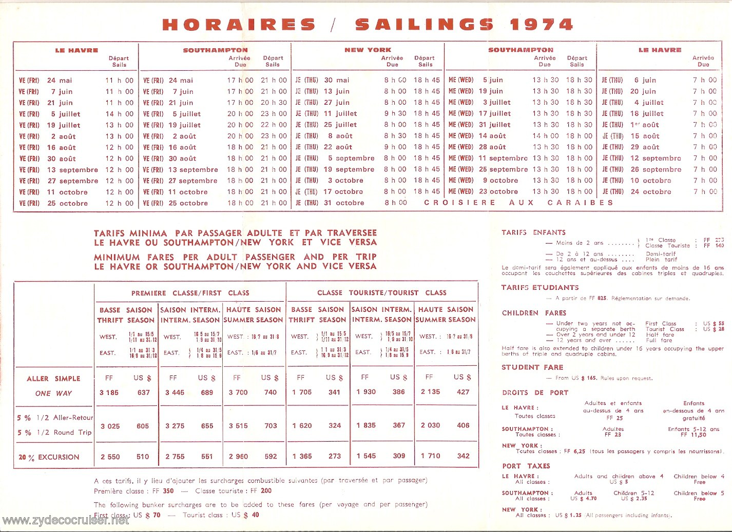 SS France, French Line, Sailings and Minimum Fares, Side 2, 1974