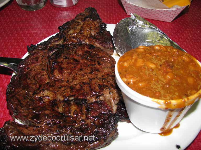 019: Moon's Grocery and Deli, Homer, LA - The smallest (1 1/4" thick)  rib eye, baked potato, and excellent BBQ beans. Yum!