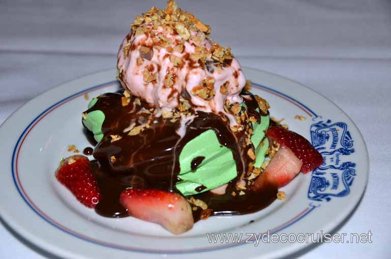 215: Christmas, 2010, New Orleans, LA, Antoine's Restaurant, Holiday Peppermint Meringue! Peppermint ice cream on a light toasted mint meringue draped with chocolate fudge sauce. Yes, it was.