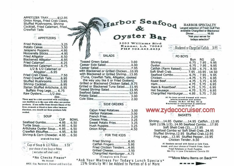 012: Kenner, LA, November, 2010, Harbor Seafood and Oyster Bar, Menu, Page 1 