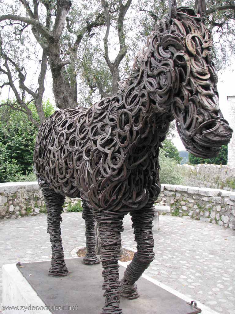 168: Carnival Splendor, Monte Carlo, Monaco, Revelation Tour, St Paul de Vence, France, Lucky, a horse sculpture made of horseshoes, by Rmi Pesce