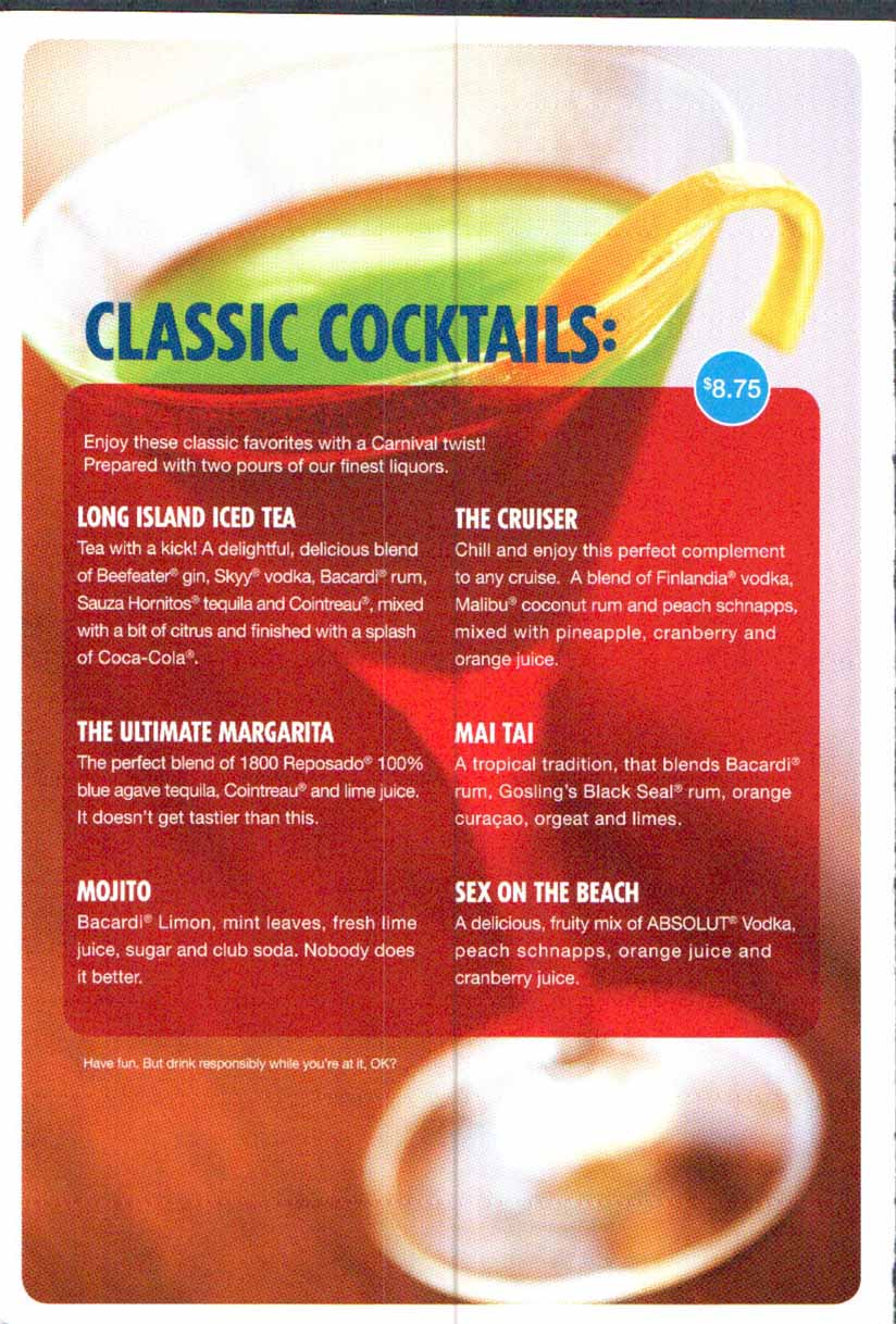 Carnival Bar Menu Page 2