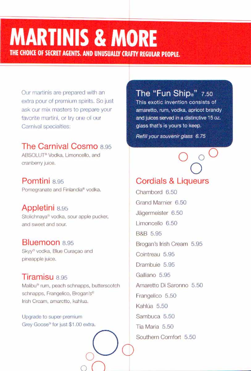 Carnival Bar Menu Page 3