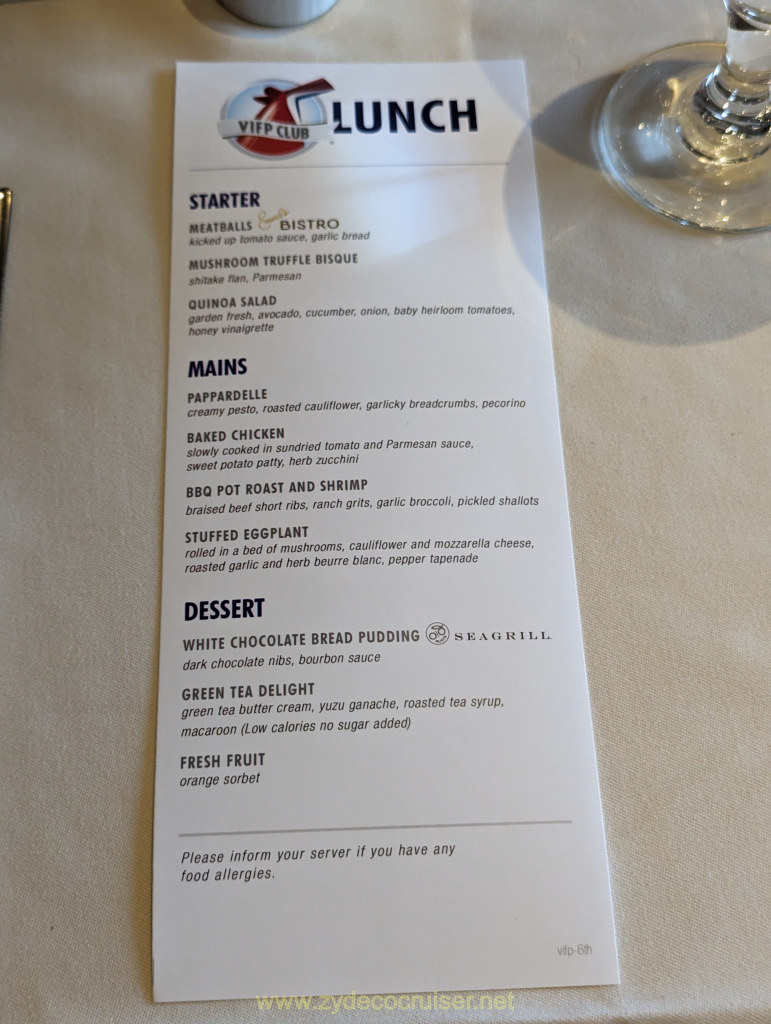 002: Carnival Legend Mediterranean Cruise, Sea Day 1, Diamond Lunch, Menu